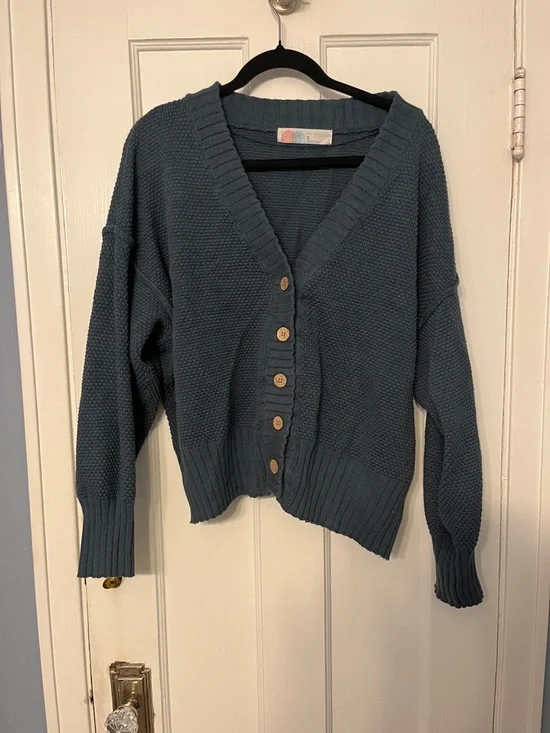 Free People Hailee Chunky Blue Button Cardigan Sweater Set Jogger M - Picture 5 of 8